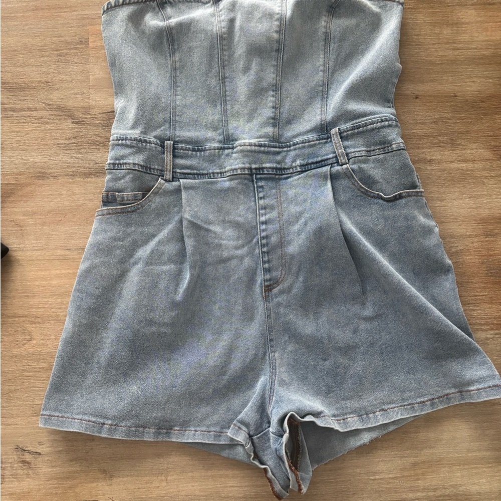 Denim Strapless Romper - Light Blue